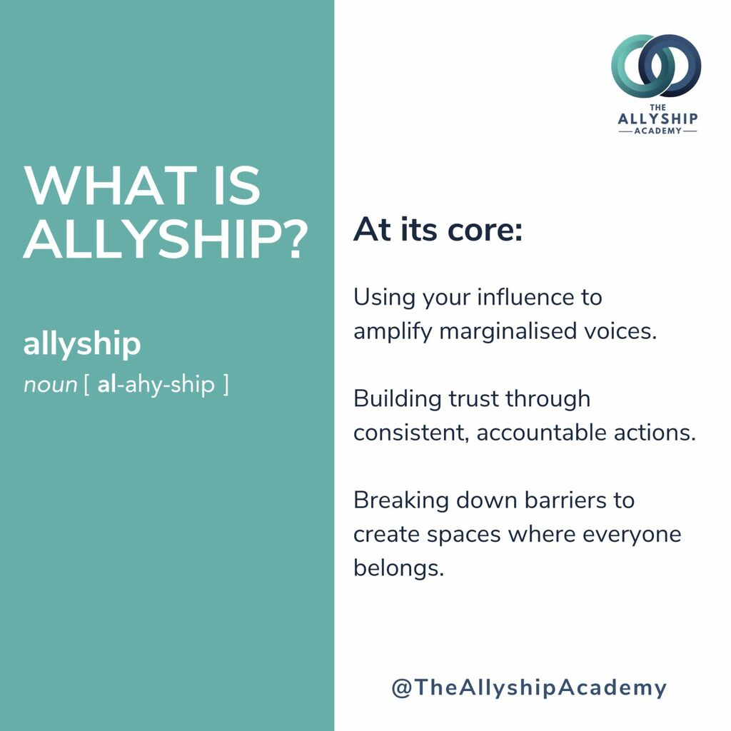 What is Allyship? At its core: using your influence to amplify marginalised voices, building trust through consistent, accountable actions, breaking down barriers to create spaces where everyone belongs.